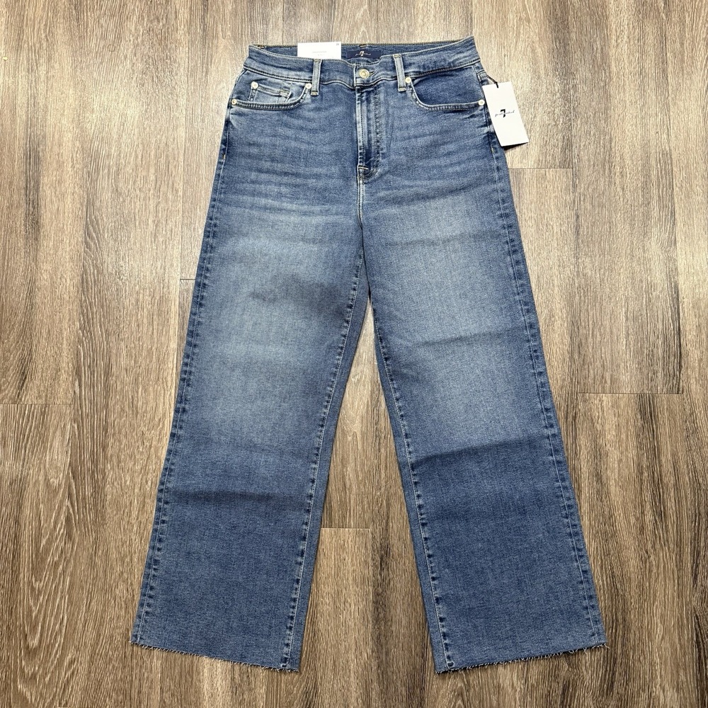 7 for All Mankind Cropped Alexa Jeans Light Blue Fray Hem Wide Leg Size 29